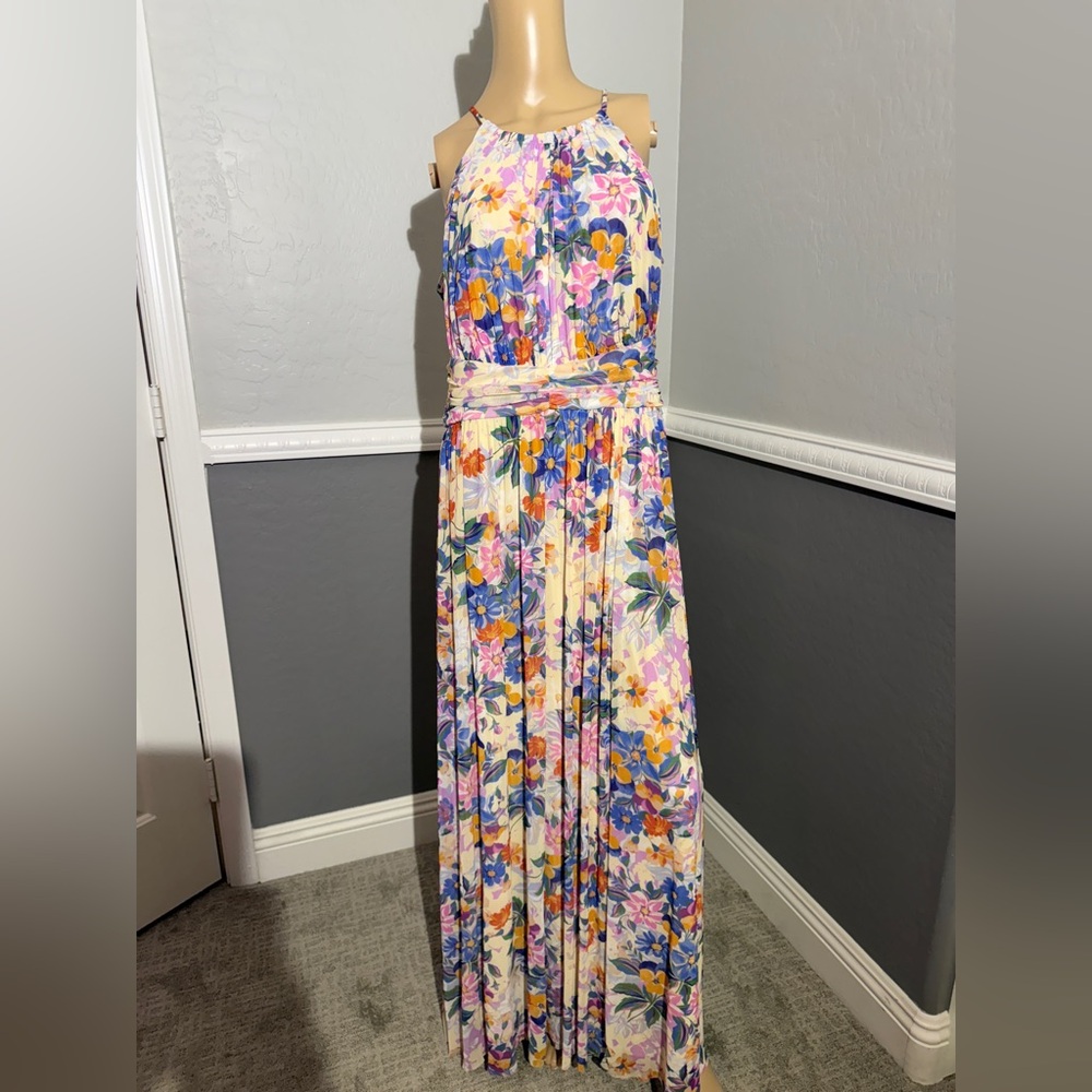 London Times Floral Halter Ruched Maxi Dress, Size 10, Blue